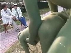 Green Japanese garden statues fuck in public