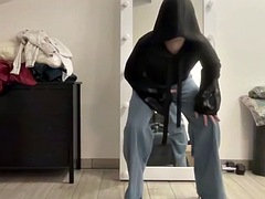 Wide leg flared palazzo jeans sissy in black jacket masturbating and waiting for mistress to suck cock and BDSM
