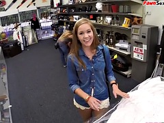 Innocent pawnshop client gets throat fucked
