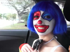 Super sexy stranded clown gets a doggy style fucking after giving a blowjob
