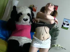 Wacky panda bear bangs stunner with fragile body in her room