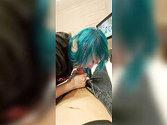 Blue Haired Emo Blowjob In motel room completes In ORAL Creampie.