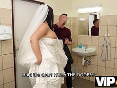 Hot brunette wedding dress bride gets her big tits and tight pussy slammed by stranger in bathroom