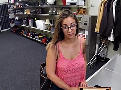 Busty babe fucked by big cock in pawnshop office