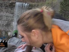 Outdoor Waterfall Oral Job - Towheaded Canadian Green Eyes Nearly Gets Caught!