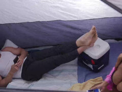 Bridgette B sucking & getting pounded by her hubby in a tent outdoors