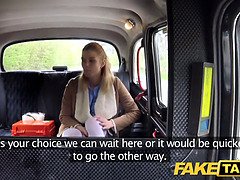 Naughty nurse in sexy lingerie fucks in fake taxi
