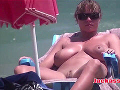 first-timer naturist cougars Jackass Voyeur Nude Beach Spy Cam Ep 3