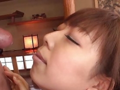 Beautiful Asian cutie sucks until he cums in her mouth