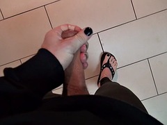 Crossdresser with crazy feet in sexy thongs jerks off and cums
