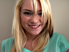 Skinny blonde teen Chloe Foster rubs her pussy through her panties