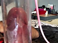 Milking pump on cock with urethral plug 2 cumshots with hand and wand