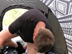 Horny camper takes money from stranger to suck and ride his dick in tent - BigStr
