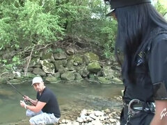 Dirty policewoman Noe Milk gets fucked hard by a fisherman in the forest