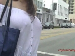 Exhibitionist Wife 490 - MILF Heather Walking Around Town In Wet White Top! Lets A Stranger Touch Her Tit And Take Pics Up Her Skirt!