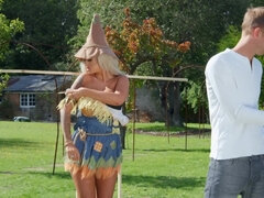 Well-hung stud impales blonde scarecrow with round boobs