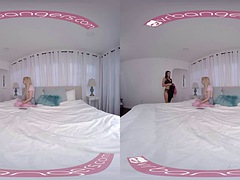 VR Bangers Sexy lesbian girls eat each others pussy and ride a big dildo VR Porn
