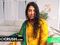 Petite stepdaughter Jasmine Sherni feels weird about new stepdad feeling up her natural tits & ass