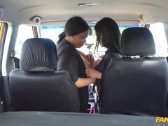 Black chick licks Jasmine Jae in the car