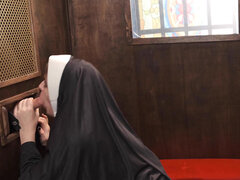 Slutty nun Abbie Maley gets fucked through a hole in the wall