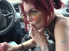 素人, フェラチオ, 露出狂, 彼女, アウトドア, 公共, 喫煙, 濡れ