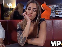 Silvia Dellai gets her shaved pussy pounded in public while cuckold watches on VIP4K