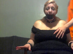 Elle Moon plumper Taped to stool, ball-gagged with Panties, Struggling and Pleading