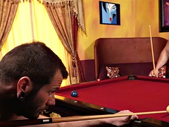 Muscle ripped bareback on the pool table before a creampie