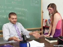 Four eyed college girl Lara Brookes is kinky enough to fuck the teacher in the classroom