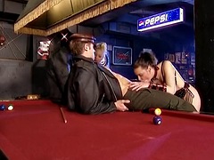 Two stunning German sluts and two hard cocks in action on the pool table