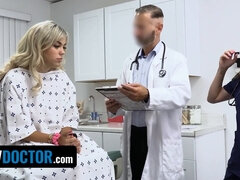 Athena Anderson, the hot nurse, takes a hard pounding from Doctor and shares his load in hot threesome