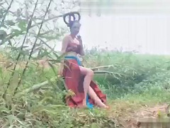 Vintage costume, ghost woman tempt 70 year old farmer