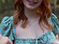 Sexy redhead in public gets cum on her face after a good fuck in her tight pussy
