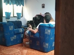 My step sister thinks no one is home and she fucks her boyfriend in the living room. I'll show the video to our parents