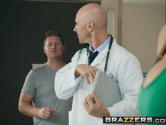 Reagan Foxx and her hubby get a hot load in their mouths from Johnny Sins' massive cock