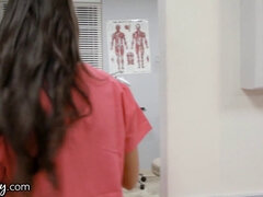 Big-titted rookie nurse with wet pussy rubs and licks her Superior's hairy ass