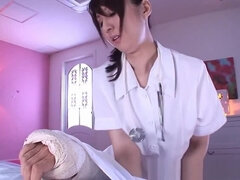 Yui Tatsumi pretty Asian nurse in white stockings sucks cock