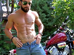 Maskurbate hardworking biker jerking off dick outdoors