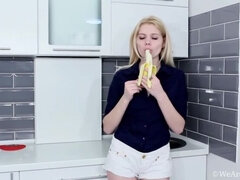 Blonde Amuza's Hairy Striptease in the Kitchen with Lingerie & Banana