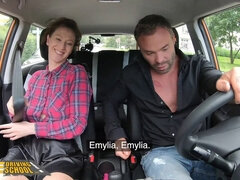 Emilia Argan gets a hot coffee before getting drilled in the backseat of a fake driving school instructor's car
