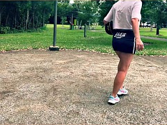 The wife dares to play basketball without bra and panties in a short skirt.