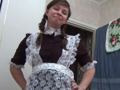 Aroused female friend in a maid outfit riding her boyfriend's pecker