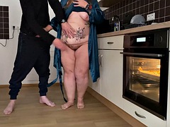 Horny mother-in-law and son-in-law masturbate together in the kitchen