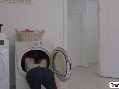 Ladyboy babysitter analed in washing machine