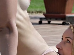 レズビアン, なめる, 乳首, プール, フェラする, オッパイの