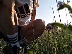 Adidas twink walks, jerks off, cums and pisses in public park