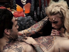 Tattooed devil Sarah Jessie gets fucked from behind after giving head