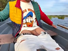 Extreme sex on the lake, sexy blonde in fishnet stole a boat and fucked the captain