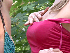 huge-boobed mom and teen pulverizing outside