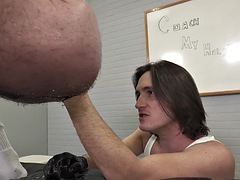 Hairy gay daddy gets his hairy butt fisted by a stud in gloves